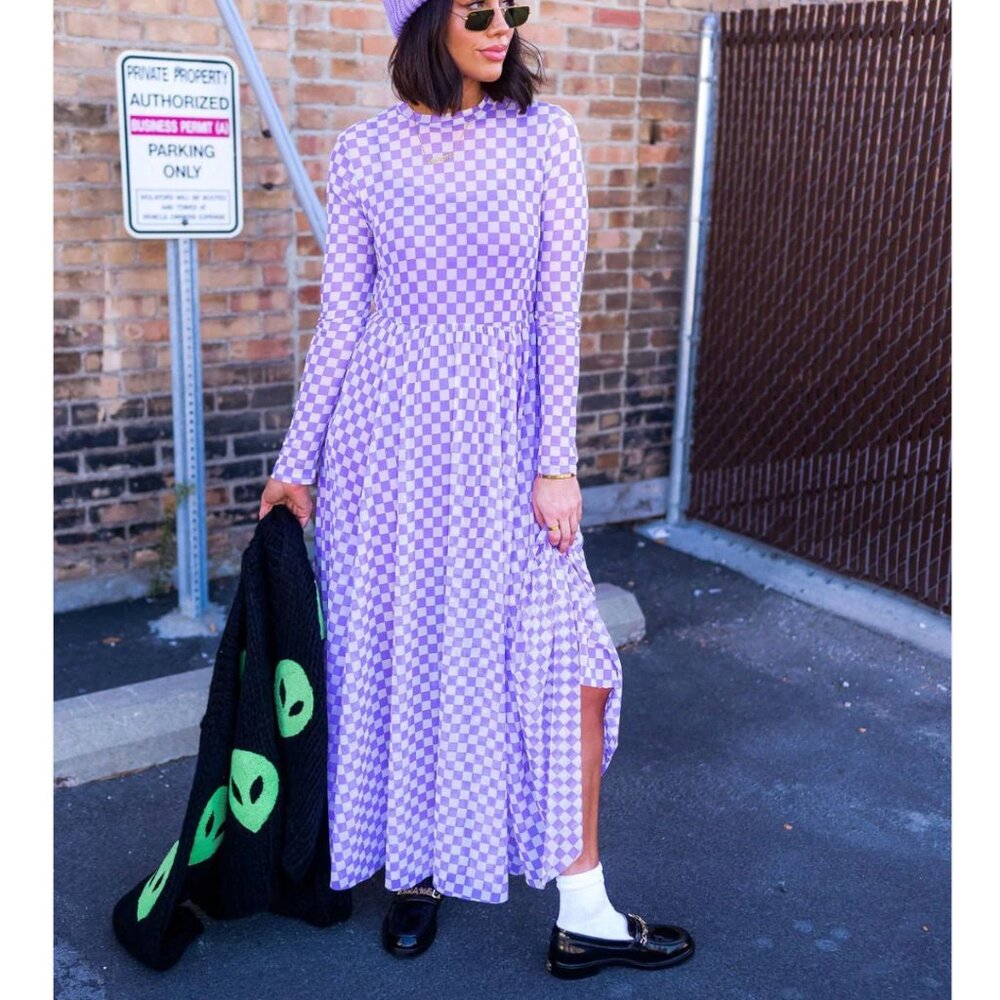 Dressed in Lala More You Mesh Maxi Dress in Lavender Checkerboard